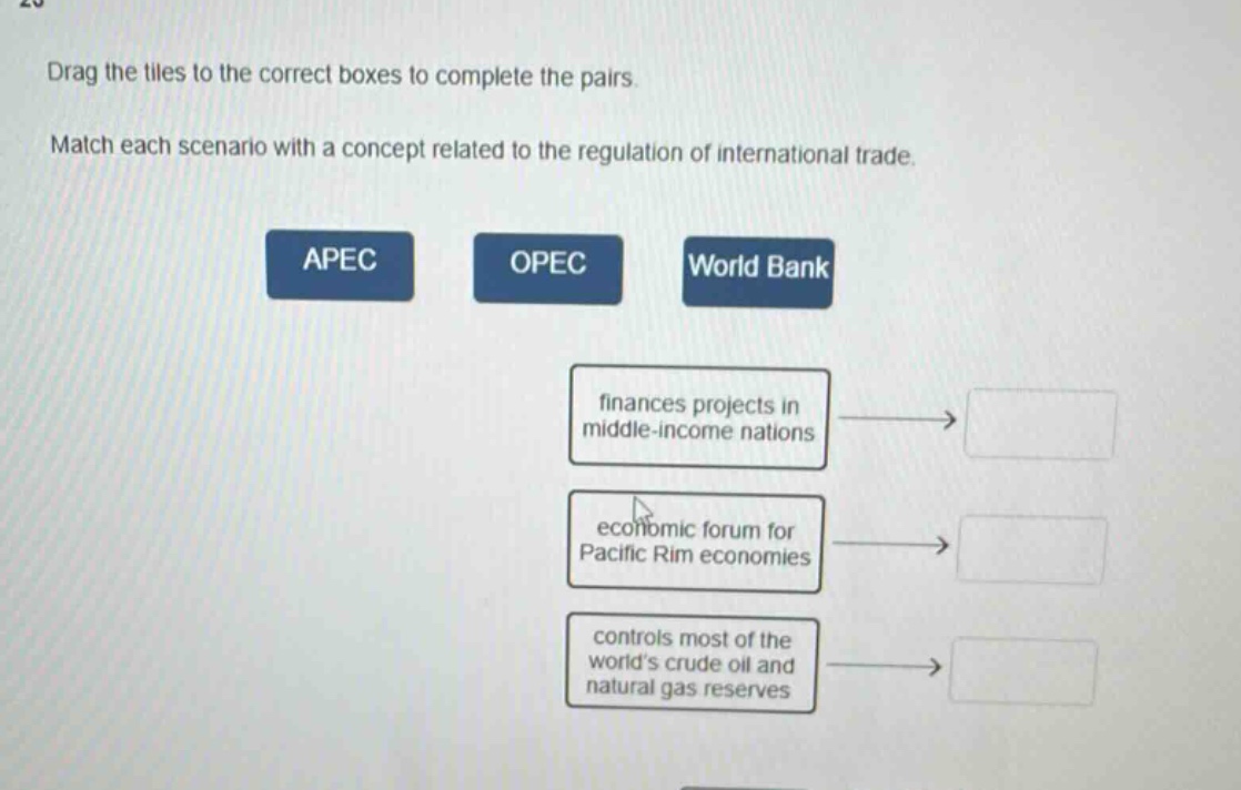 drag the tiles to the correct boxes to complete the pairs. match each scenario with a concept related to the regulation of international trade. apec opec world bank finances projects in middle - income nations economic forum for pacific rim economies controls most of the world’s crude oil and natural gas reserves