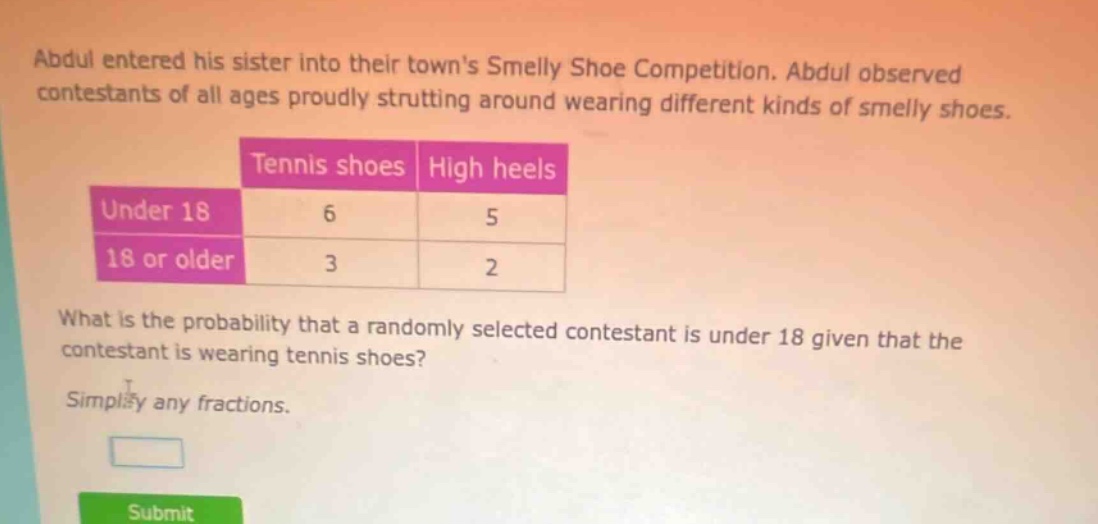 abdul entered his sister into their towns smelly shoe competition. abdul observed contestants of all ages proudly strutting around wearing different kinds of smelly shoes.\n| |tennis shoes|high heels|\n|--|--|--|\n|under 18|6|5|\n|18 or older|3|2|\nwhat is the probability that a randomly selected contestant is under 18 given that the contestant is wearing tennis shoes?\nsimplify any fractions.