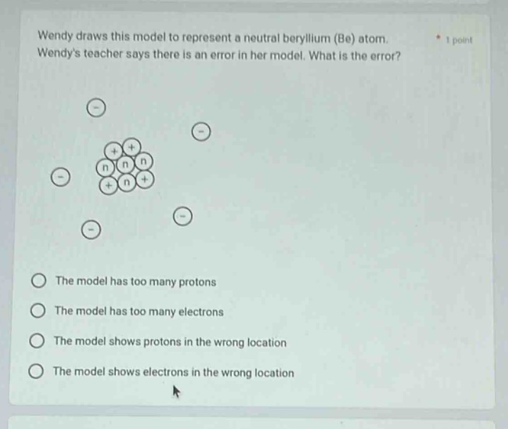 wendy draws this model to represent a neutral beryllium (be) atom. wendys teacher says there is an error in her model. what is the error? the model has too many protons the model has too many electrons the model shows protons in the wrong location the model shows electrons in the wrong location