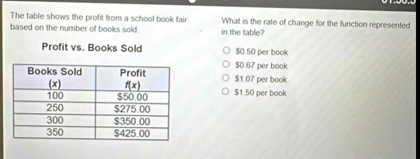 the table shows the profit from a school book fair based on the number of books sold. profit vs. books sold\n| books sold (x) | profit f(x) |\n| ---- | ---- |\n| 100 | $50.00 |\n| 250 | $275.00 |\n| 300 | $350.00 |\n| 350 | $425.00 |\nwhat is the rate of change for the function represented in the table?\n$0.50 per book\n$0.67 per book\n$1.07 per book\n$1.50 per book