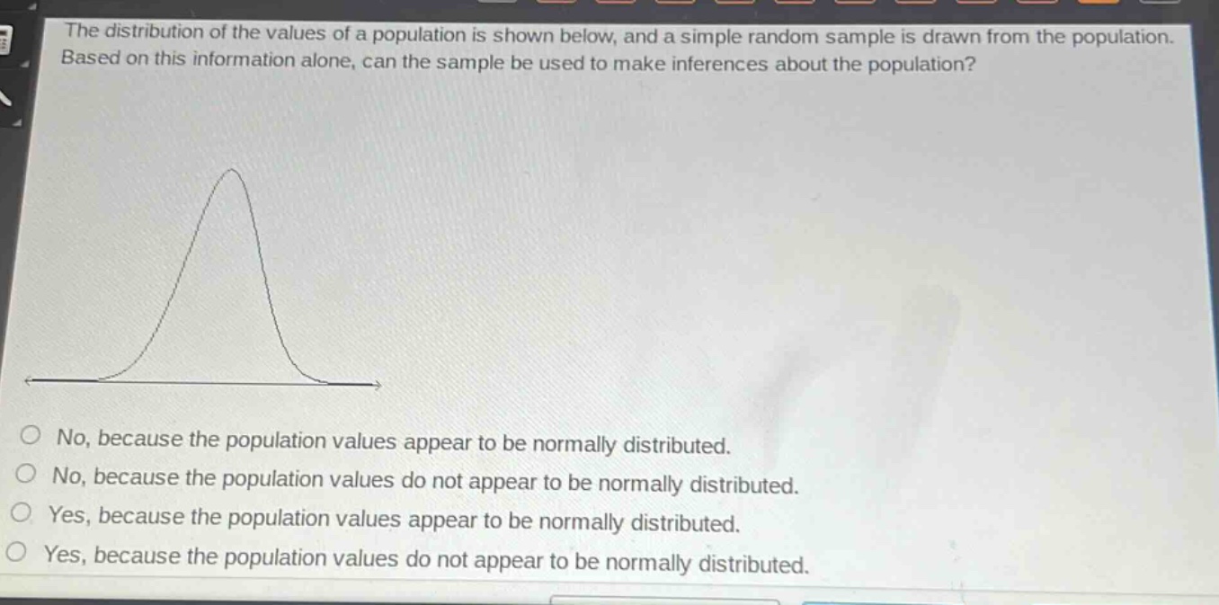the distribution of the values of a population is shown below, and a simple random sample is drawn from the population. based on this information alone, can the sample be used to make inferences about the population?\nno, because the population values appear to be normally distributed.\nno, because the population values do not appear to be normally distributed.\nyes, because the population values appear to be normally distributed.\nyes, because the population values do not appear to be normally distributed.