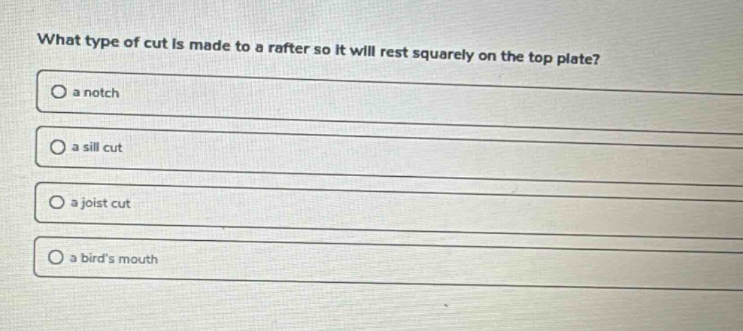 what type of cut is made to a rafter so it will rest squarely on the top plate?\n○ a notch\n○ a sill cut\n○ a joist cut\n○ a birds mouth