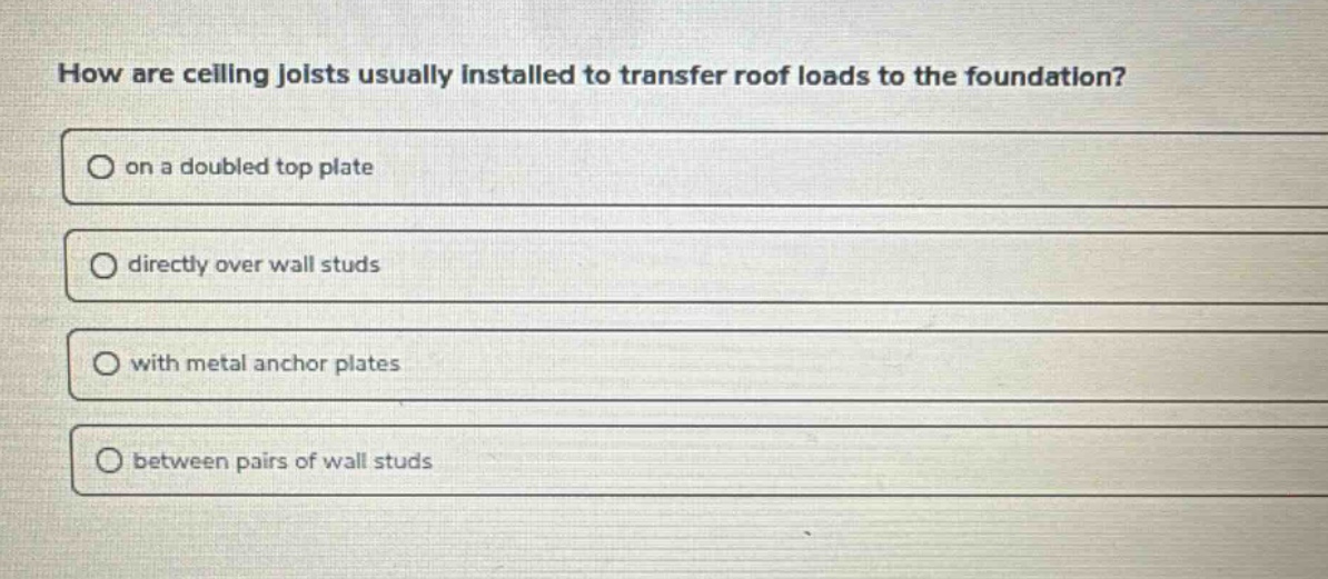 how are ceiling joists usually installed to transfer roof loads to the foundation?\n- on a doubled top plate\n- directly over wall studs\n- with metal anchor plates\n- between pairs of wall studs