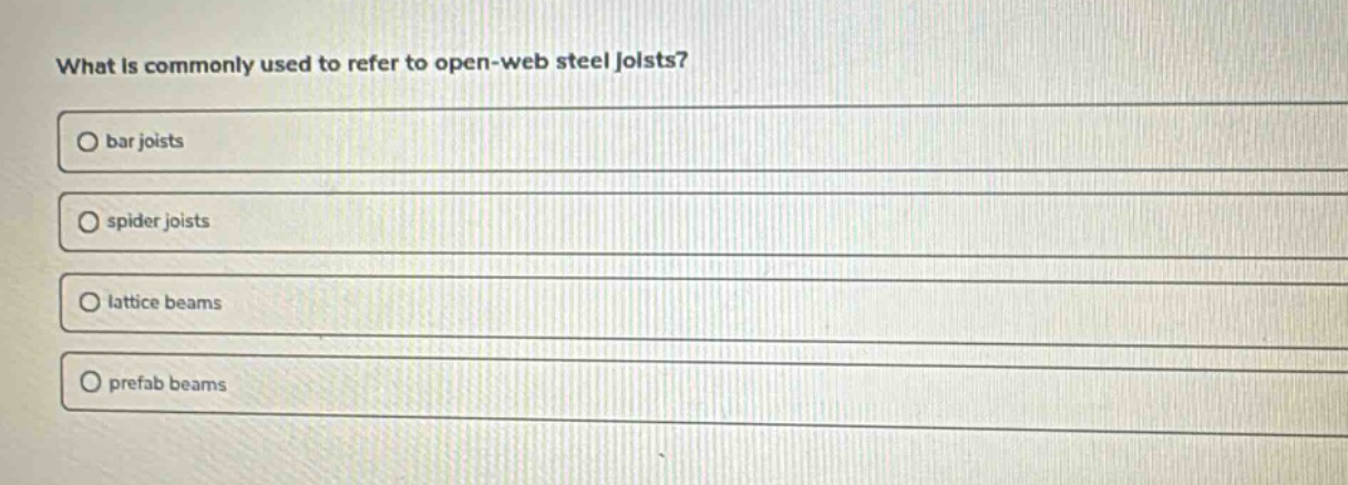 what is commonly used to refer to open - web steel joists?\no bar joists\no spider joists\no lattice beams\no prefab beams