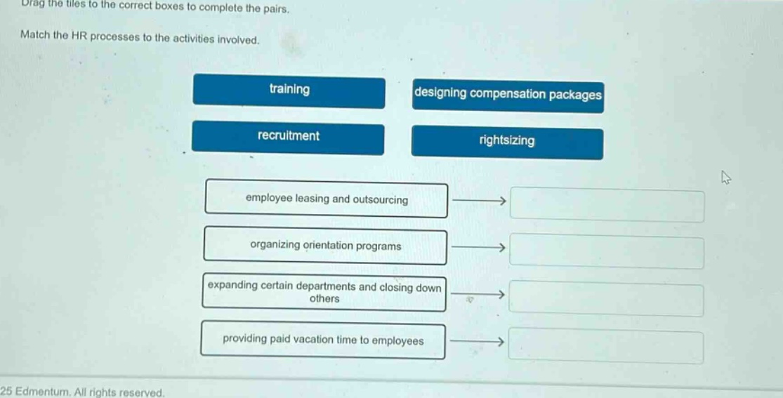 drag the tiles to the correct boxes to complete the pairs. match the hr processes to the activities involved. training designing compensation packages recruitment rightsizing employee leasing and outsourcing organizing orientation programs expanding certain departments and closing down others providing paid vacation time to employees