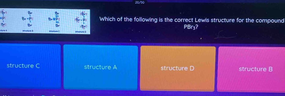 which of the following is the correct lewis structure for the compound pbr₃? structure c structure a structure d structure b