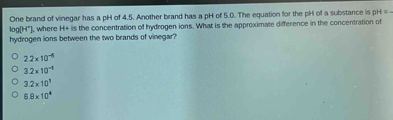 one brand of vinegar has a ph of 4.5. another brand has a ph of 5.0. the equation for the ph of a substance is ph = -logh+, where h+ is the concentration of hydrogen ions. what is the approximate difference in the concentration of hydrogen ions between the two brands of vinegar?\no 2.2x10^-5\no 3.2x10^-1\no 3.2x10^1\no 6.8x10^4