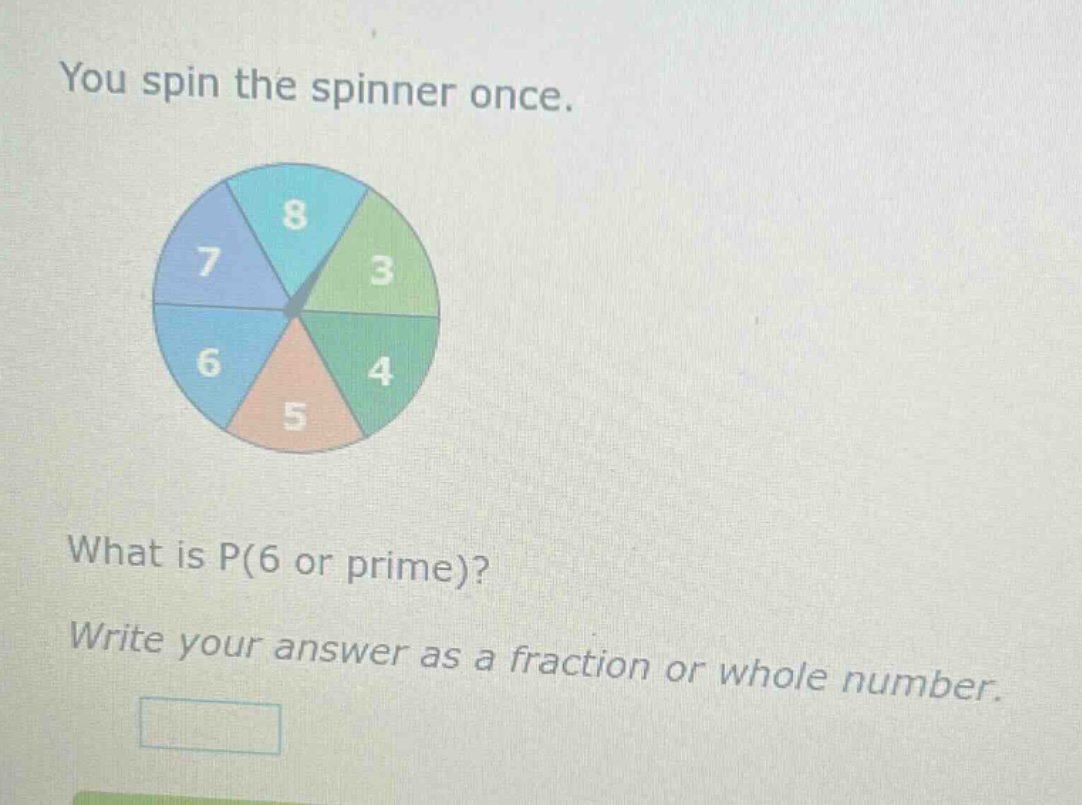 you spin the spinner once. what is p(6 or prime)? write your answer as a fraction or whole number.