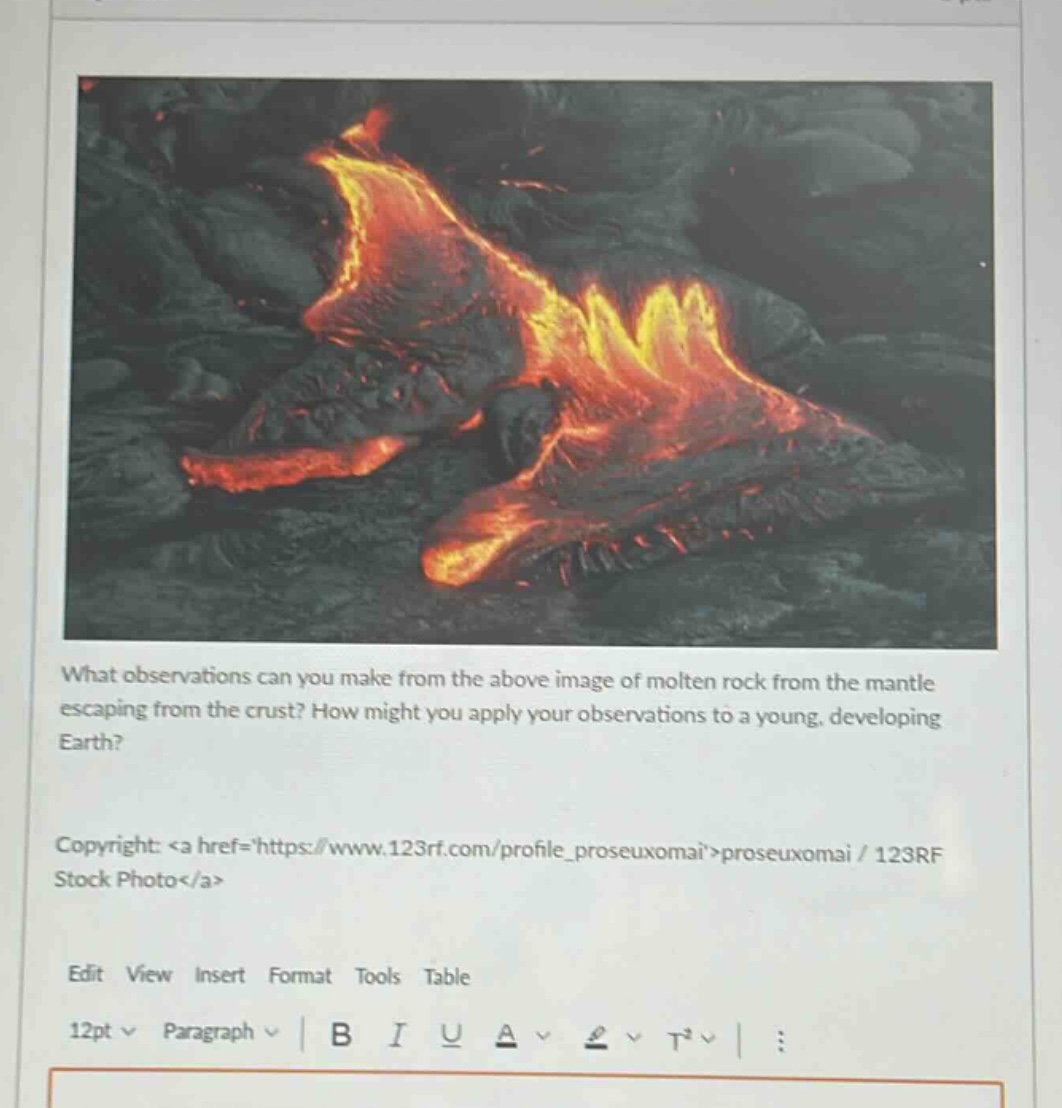 what observations can you make from the above image of molten rock from the mantle escaping from the crust? how might you apply your observations to a young, developing earth? copyright: <a href=https://www.123rf.com/profile_proseuxomai>proseuxomai / 123rf stock photo</a> edit view insert format tools table 12pt paragraph b i u a t² :