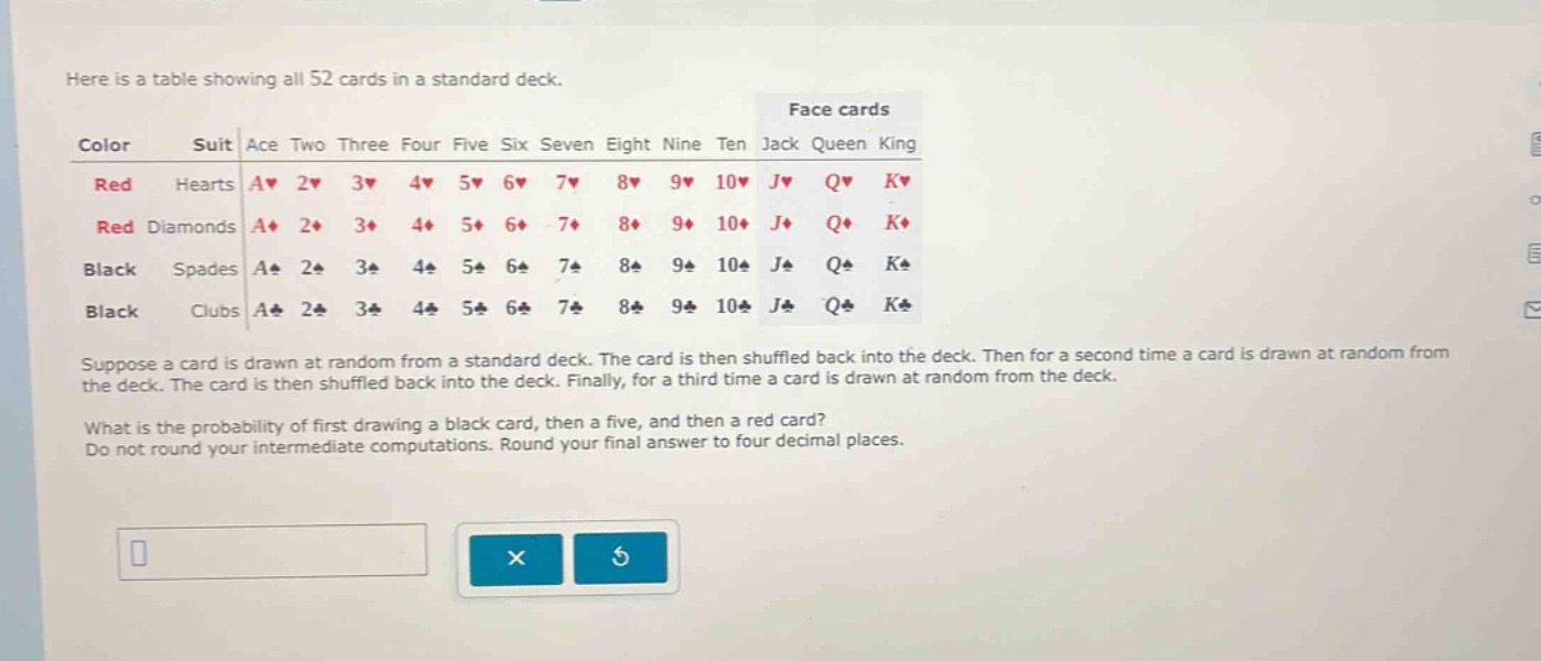 here is a table showing all 52 cards in a standard deck.\ncolor suit ace two three four five six seven eight nine ten jack queen king\nred hearts a♥ 2♥ 3♥ 4♥ 5♥ 6♥ 7♥ 8♥ 9♥ 10♥ j♥ q♥ k♥\nred diamonds a♦ 2♦ 3♦ 4♦ 5♦ 6♦ 7♦ 8♦ 9♦ 10♦ j♦ q♦ k♦\nblack spades a♠ 2♠ 3♠ 4♠ 5♠ 6♠ 7♠ 8♠ 9♠ 10♠ j♠ q♠ k♠\nblack clubs a♣ 2♣ 3♣ 4♣ 5♣ 6♣ 7♣ 8♣ 9♣ 10♣ j♣ q♣ k♣\nsuppose a card is drawn at random from a standard deck. the card is then shuffled back into the deck. then for a second time a card is drawn at random from the deck. the card is then shuffled back into the deck. finally, for a third time a card is drawn at random from the deck.\nwhat is the probability of first drawing a black card, then a five, and then a red card?\ndo not round your intermediate computations. round your final answer to four decimal places.