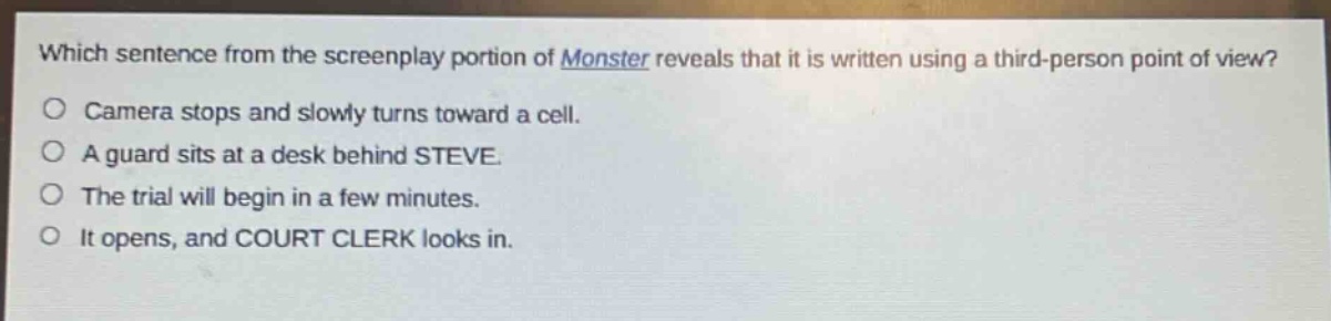 which sentence from the screenplay portion of monster reveals that it is written using a third - person point of view?\ncamera stops and slowly turns toward a cell.\na guard sits at a desk behind steve.\nthe trial will begin in a few minutes.\nit opens, and court clerk looks in.