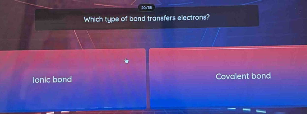 which type of bond transfers electrons?\nionic bond\ncovalent bond