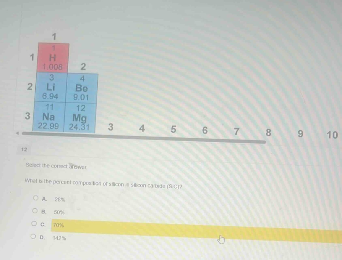 select the correct answer. what is the percent composition of silicon in silicon carbide (sic)?\na. 28%\nb. 50%\nc. 70%\nd. 142%