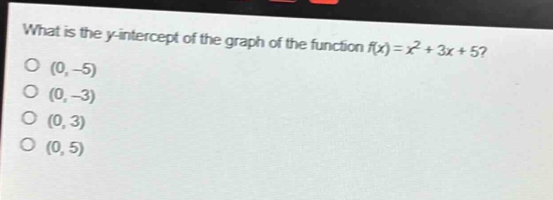 what is the y - intercept of the graph of the function f(x)=x² + 3x + 5?\n(0, - 5)\n(0, - 3)\n(0, 3)\n(0, 5)