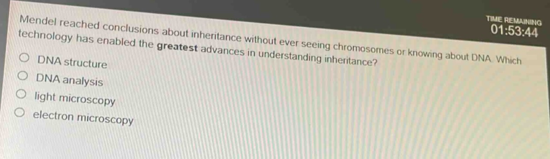mendel reached conclusions about inheritance without ever seeing chromosomes or knowing about dna. which technology has enabled the greatest advances in understanding inheritance?\ndna structure\ndna analysis\nlight microscopy\nelectron microscopy