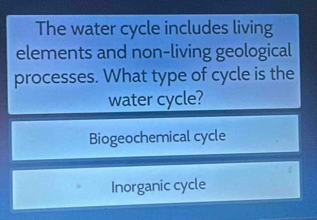 the water cycle includes living elements and non - living geological processes. what type of cycle is the water cycle?\nbiogeochemical cycle\ninorganic cycle