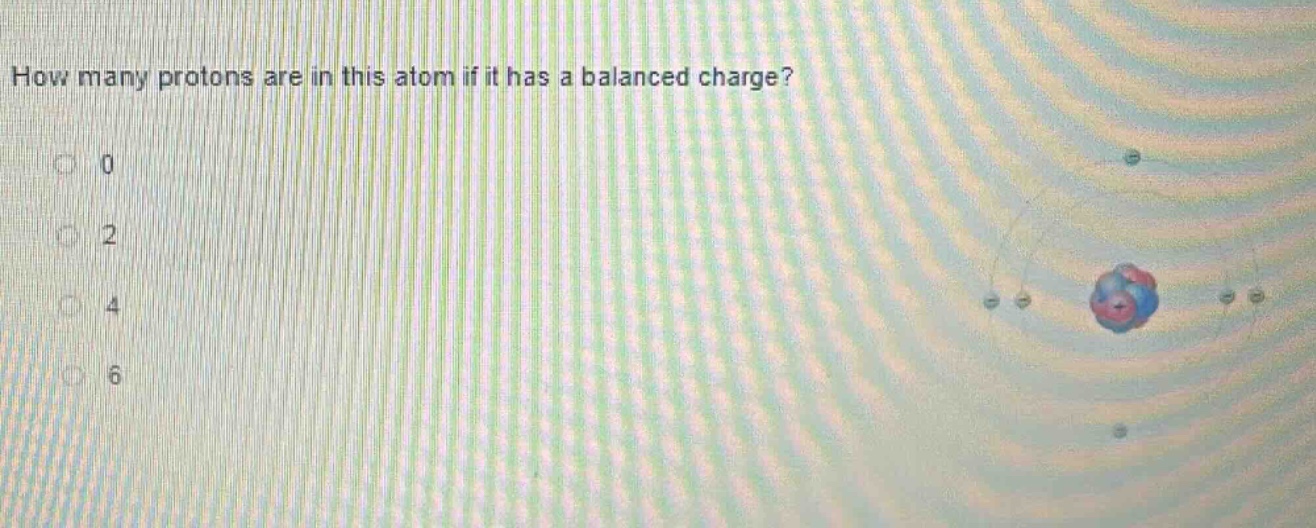 how many protons are in this atom if it has a balanced charge?\n0\n2\n4\n6