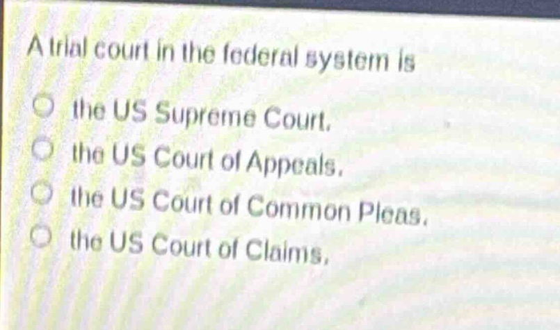 a trial court in the federal system is\n○ the us supreme court.\n○ the us court of appeals.\n○ the us court of common pleas.\n○ the us court of claims.