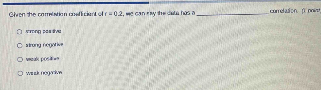 given the correlation coefficient of r = 0.2, we can say the data has a ______________ correlation. (1 point)\nstrong positive\nstrong negative\nweak positive\nweak negative