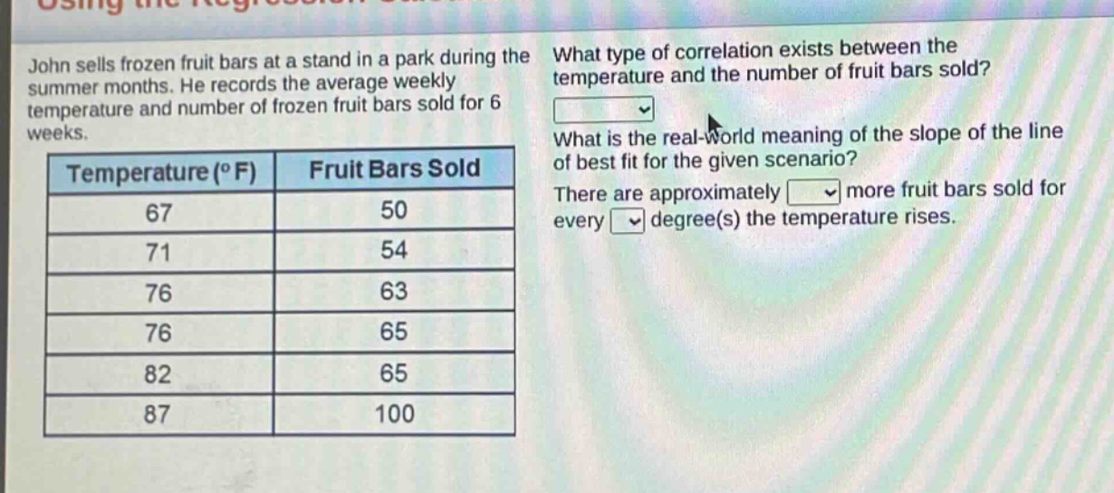 john sells frozen fruit bars at a stand in a park during the summer months. he records the average weekly temperature and number of frozen fruit bars sold for 6 weeks.\n| temperature (°f) | fruit bars sold |\n| ---- | ---- |\n| 67 | 50 |\n| 71 | 54 |\n| 76 | 63 |\n| 76 | 65 |\n| 82 | 65 |\n| 87 | 100 |\nwhat type of correlation exists between the temperature and the number of fruit bars sold?\nwhat is the real - world meaning of the slope of the line of best fit for the given scenario?\nthere are approximately more fruit bars sold for every degree(s) the temperature rises.