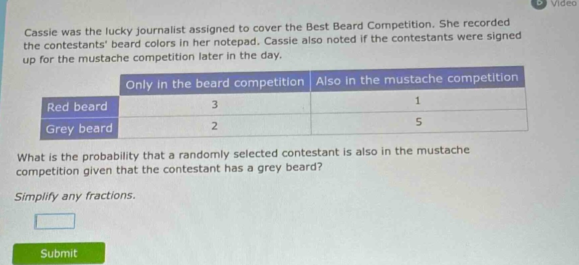 cassie was the lucky journalist assigned to cover the best beard competition. she recorded the contestants beard colors in her notepad. cassie also noted if the contestants were signed up for the mustache competition later in the day.\n| |only in the beard competition|also in the mustache competition|\n|--|--|--|\n|red beard|3|1|\n|grey beard|2|5|\nwhat is the probability that a randomly selected contestant is also in the mustache competition given that the contestant has a grey beard?\nsimplify any fractions.