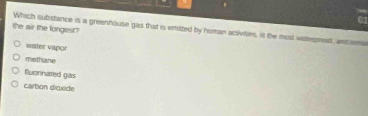 which substance is a greenhouse gas that is emitted by human activities, is the most widespread, and remains in the air the longest?\no water vapor\no methane\no fluorinated gas\no carbon dioxide