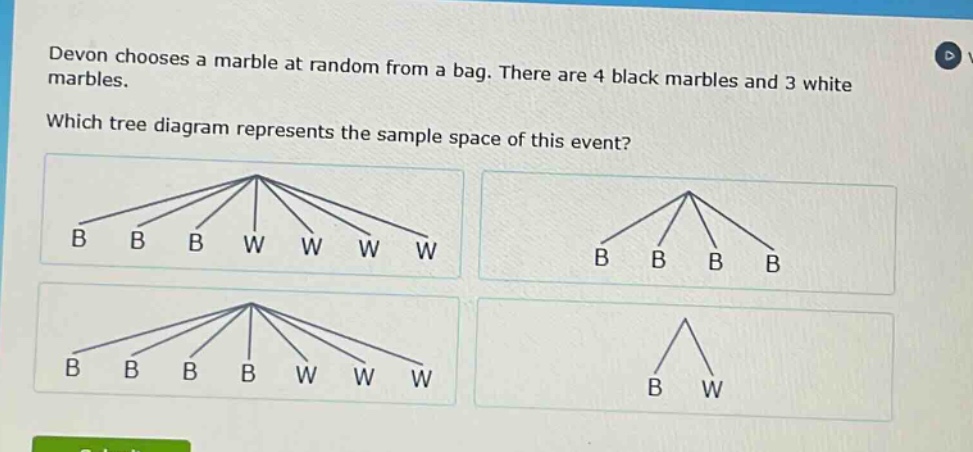devon chooses a marble at random from a bag. there are 4 black marbles and 3 white marbles. which tree diagram represents the sample space of this event?