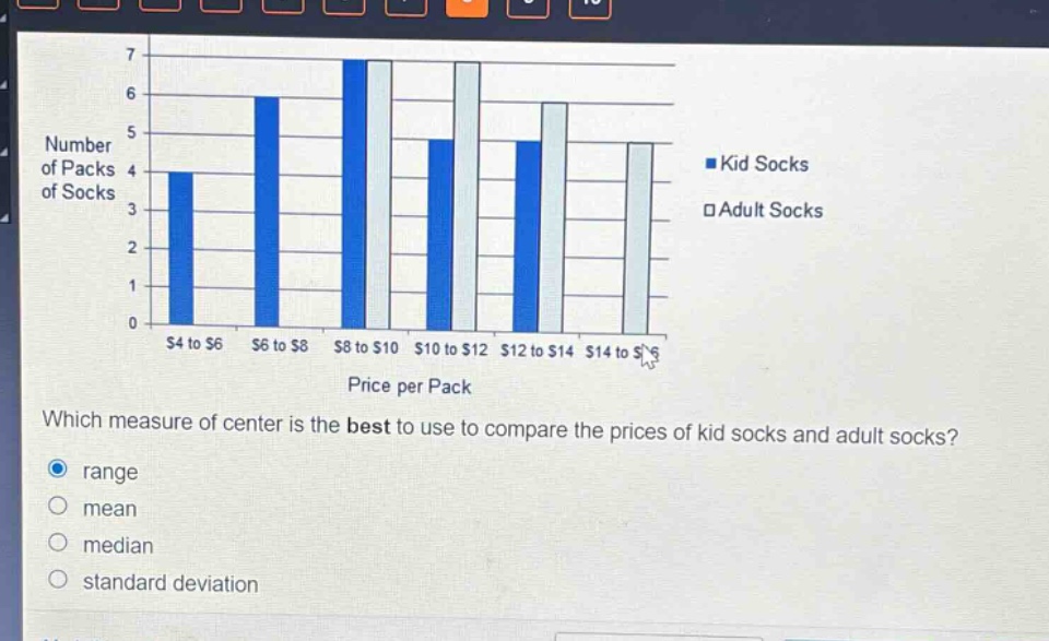 which measure of center is the best to use to compare the prices of kid socks and adult socks?\nrange\nmean\nmedian\nstandard deviation