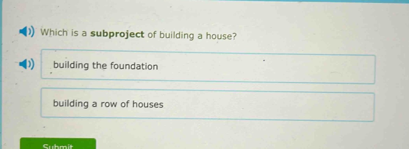 which is a subproject of building a house? building the foundation building a row of houses