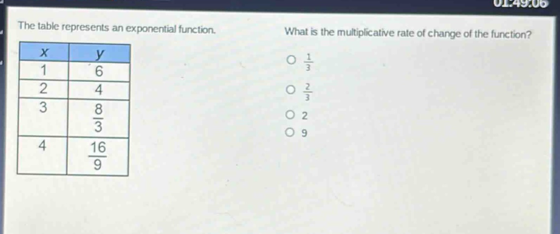 the table represents an exponential function. what is the multiplicative rate of change of the function?\n|x|y|\n|1|6|\n|2|4|\n|3|8/3|\n|4|16/9|\no 1/3\no 2/3\no 2\no 9