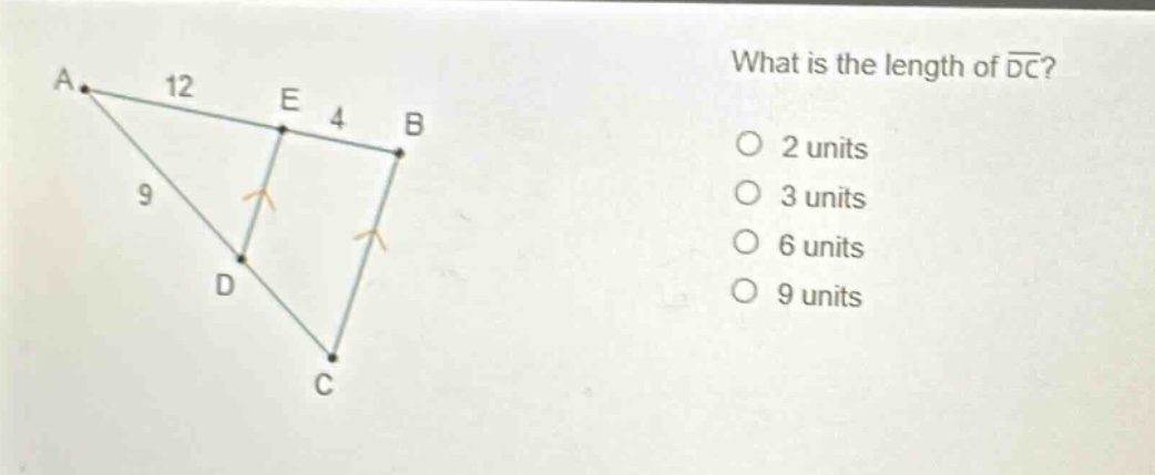 what is the length of $overline{dc}$?\n2 units\n3 units\n6 units\n9 units