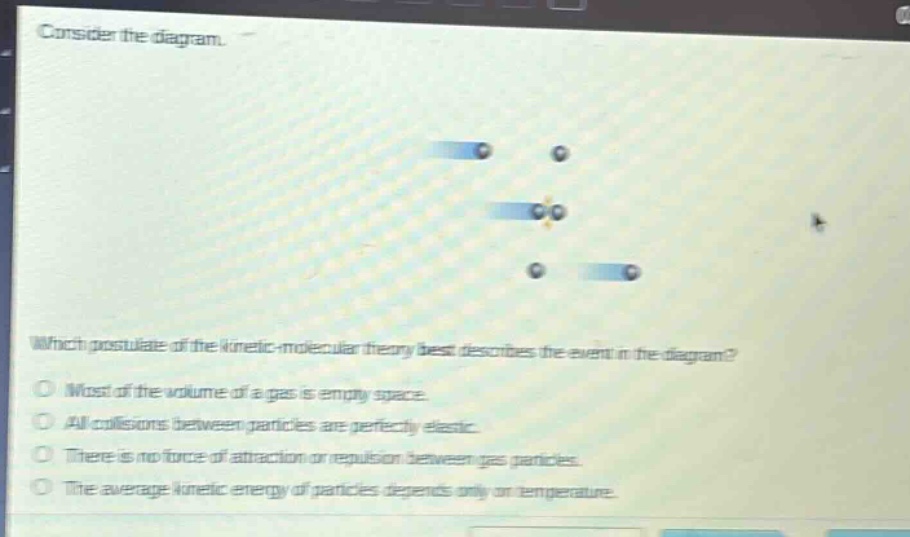 consider the diagram.\nwhich postulate of the kinetic - molecular theory best describes the event in the diagram?\nmost of the volume of a gas is empty space.\nall collisions between particles are perfectly elastic.\nthere is no force of attraction or repulsion between gas particles.\nthe average kinetic energy of particles depends only on temperature.