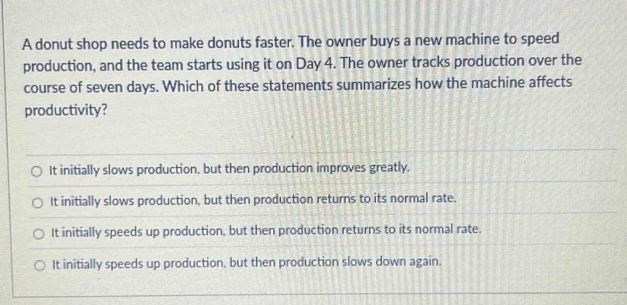 a donut shop needs to make donuts faster. the owner buys a new machine to speed production, and the team starts using it on day 4. the owner tracks production over the course of seven days. which of these statements summarizes how the machine affects productivity?\nit initially slows production, but then production improves greatly.\nit initially slows production, but then production returns to its normal rate.\nit initially speeds up production, but then production returns to its normal rate.\nit initially speeds up production, but then production slows down again.