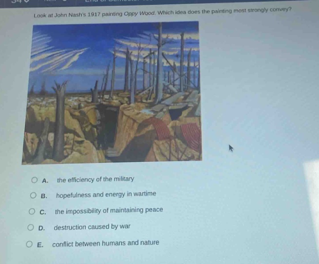 look at john nashs 1917 painting oppy wood. which idea does the painting most strongly convey?\na. the efficiency of the military\nb. hopefulness and energy in wartime\nc. the impossibility of maintaining peace\nd. destruction caused by war\ne. conflict between humans and nature