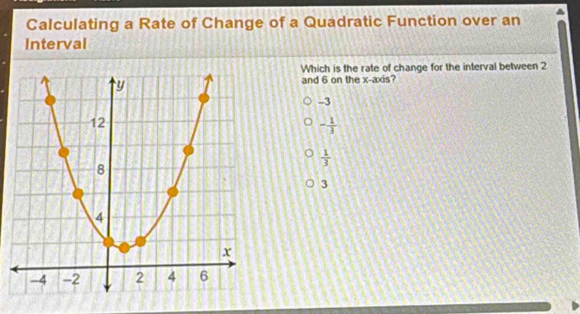 calculating a rate of change of a quadratic function over an interval\nwhich is the rate of change for the interval between 2 and 6 on the x - axis?\n-3\n-1/3\n1/3\n3