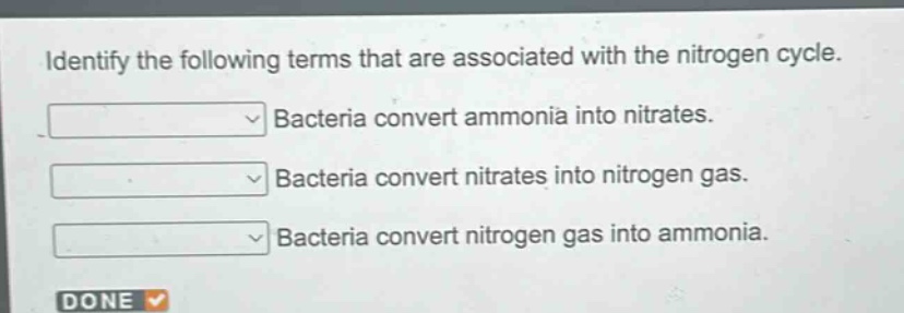 identify the following terms that are associated with the nitrogen cycle. bacteria convert ammonia into nitrates. bacteria convert nitrates into nitrogen gas. bacteria convert nitrogen gas into ammonia.