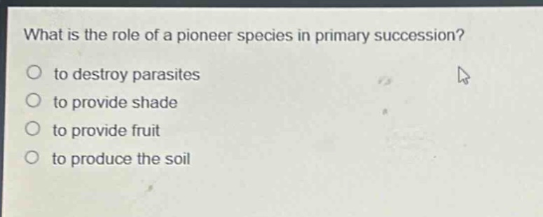 what is the role of a pioneer species in primary succession?\no to destroy parasites\no to provide shade\no to provide fruit\no to produce the soil