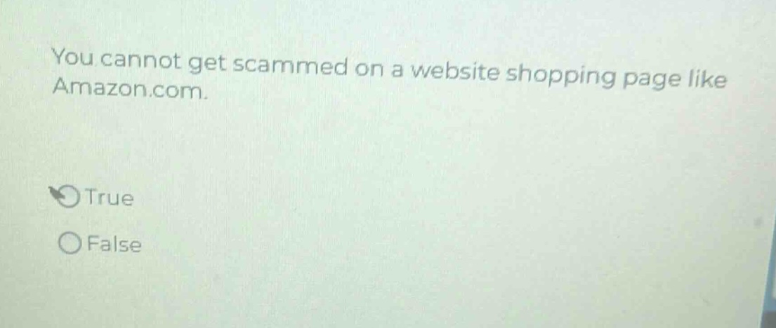 you cannot get scammed on a website shopping page like amazon.com.\ntrue\nfalse