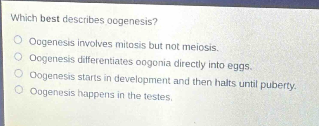 which best describes oogenesis?\noogenesis involves mitosis but not meiosis.\noogenesis differentiates oogonia directly into eggs.\noogenesis starts in development and then halts until puberty.\noogenesis happens in the testes.