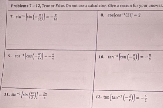problems 7 - 12, true or false. do not use a calculator. give a reason for your answer.\n7. $sin^{-1}leftsinleft(-\frac{pi}{10}\right)\right=-\frac{pi}{10}$\n8. $coscos^{-1}(2) = 2$\n9. $cos^{-1}leftcosleft(-\frac{pi}{4}\right)\right=-\frac{pi}{4}$\n10. $\tan^{-1}left\tanleft(-\frac{pi}{3}\right)\right=-\frac{pi}{3}$\n11. $sin^{-1}leftsinleft(\frac{2pi}{3}\right)\right=\frac{2pi}{3}$\n12. $\tanleft\tan^{-1}left(-\frac{1}{2}\right)\right=-\frac{1}{2}$