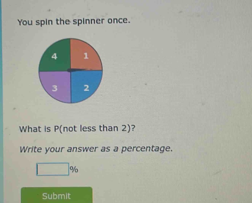 you spin the spinner once. what is p(not less than 2)? write your answer as a percentage.