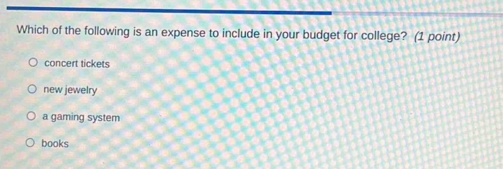 which of the following is an expense to include in your budget for college? (1 point)\nconcert tickets\nnew jewelry\na gaming system\nbooks