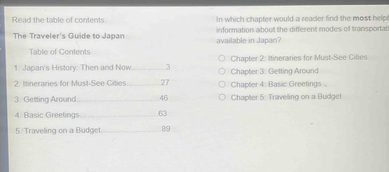 read the table of contents. the travelers guide to japan table of contents 1. japans history: then and now.........3 2. itineraries for must - see cities.........27 3. getting around.........46 4. basic greetings.........63 5. traveling on a budget.........89 in which chapter would a reader find the most helpful information about the different modes of transportation available in japan? chapter 2: itineraries for must - see cities chapter 3: getting around chapter 4: basic greetings chapter 5: traveling on a budget
