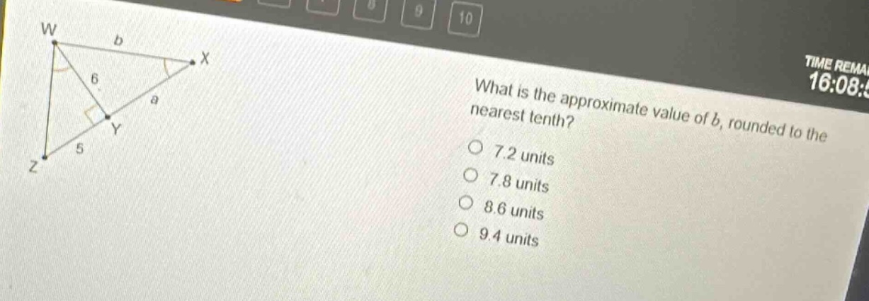 what is the approximate value of b, rounded to the nearest tenth?\n7.2 units\n7.8 units\n8.6 units\n9.4 units