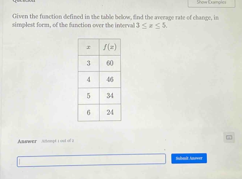given the function defined in the table below, find the average rate of change, in simplest form, of the function over the interval 3 ≤ x ≤ 5.\nanswer attempt 1 out of 2