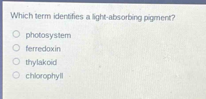 which term identifies a light - absorbing pigment?\nphotosystem\nferredoxin\nthylakoid\nchlorophyll