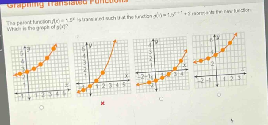 graphing translated functions\nthe parent function $f(x)=1.5^{x}$ is translated such that the function $g(x)=1.5^{x + 1}+2$ represents the new function. which is the graph of $g(x)$?