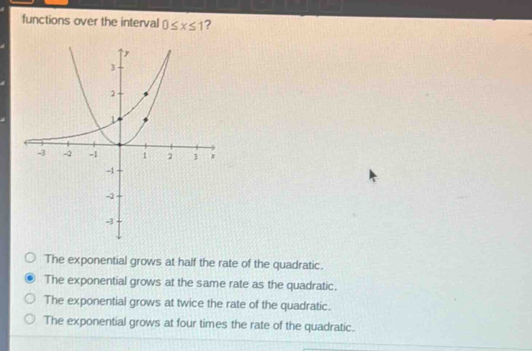 functions over the interval 0≤x≤1?\nthe exponential grows at half the rate of the quadratic.\nthe exponential grows at the same rate as the quadratic.\nthe exponential grows at twice the rate of the quadratic.\nthe exponential grows at four times the rate of the quadratic.