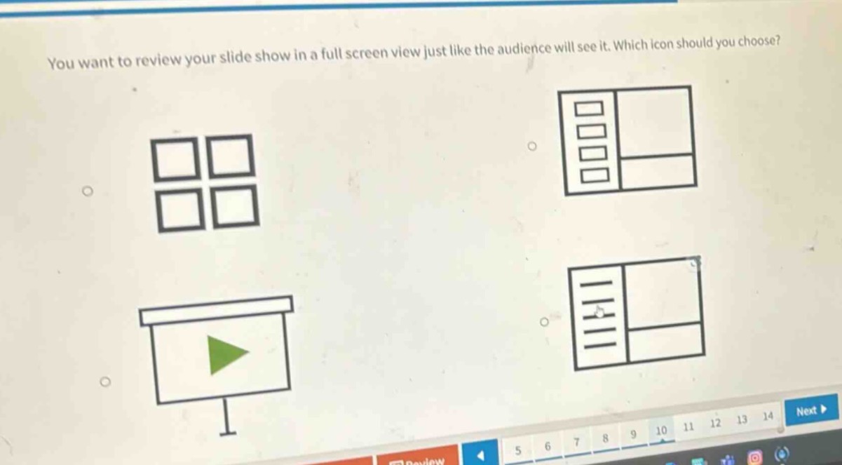 you want to review your slide show in a full screen view just like the audience will see it. which icon should you choose?