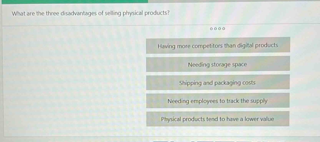 what are the three disadvantages of selling physical products?\nhaving more competitors than digital products\nneeding storage space\nshipping and packaging costs\nneeding employees to track the supply\nphysical products tend to have a lower value